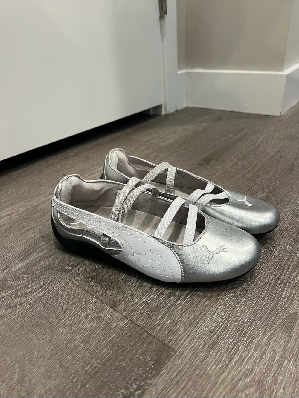 Puma Silver and White Elastic-Strap Ballet Flats